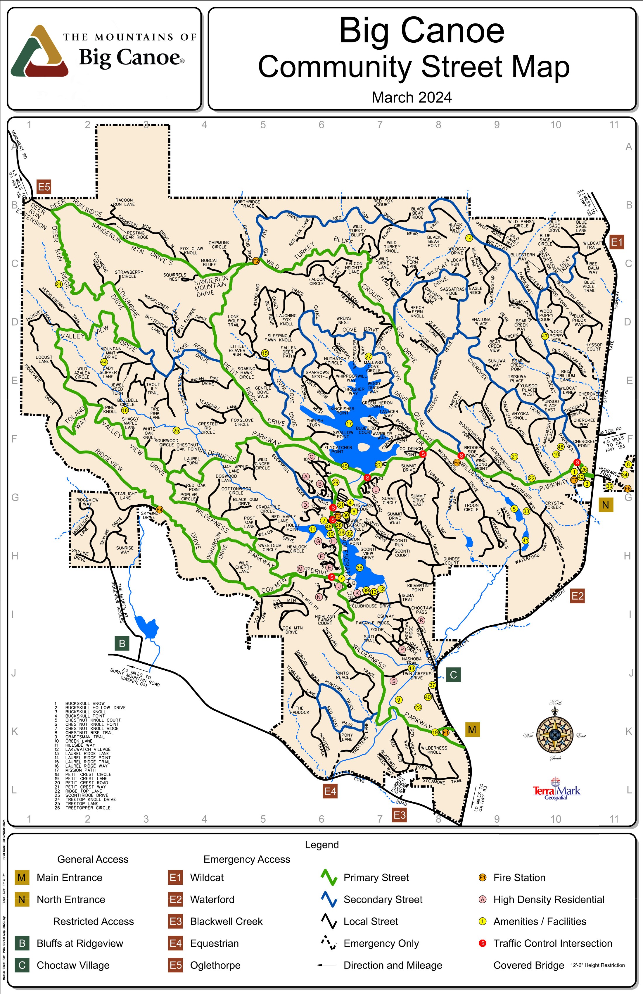 Big Canoe community street map showing gates, lakes, streets and amenities