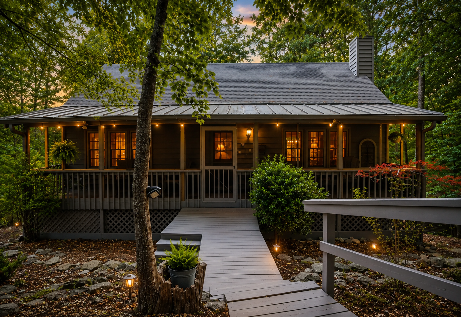 Cozy mountain cabin at Big Canoe Resort at golden hour