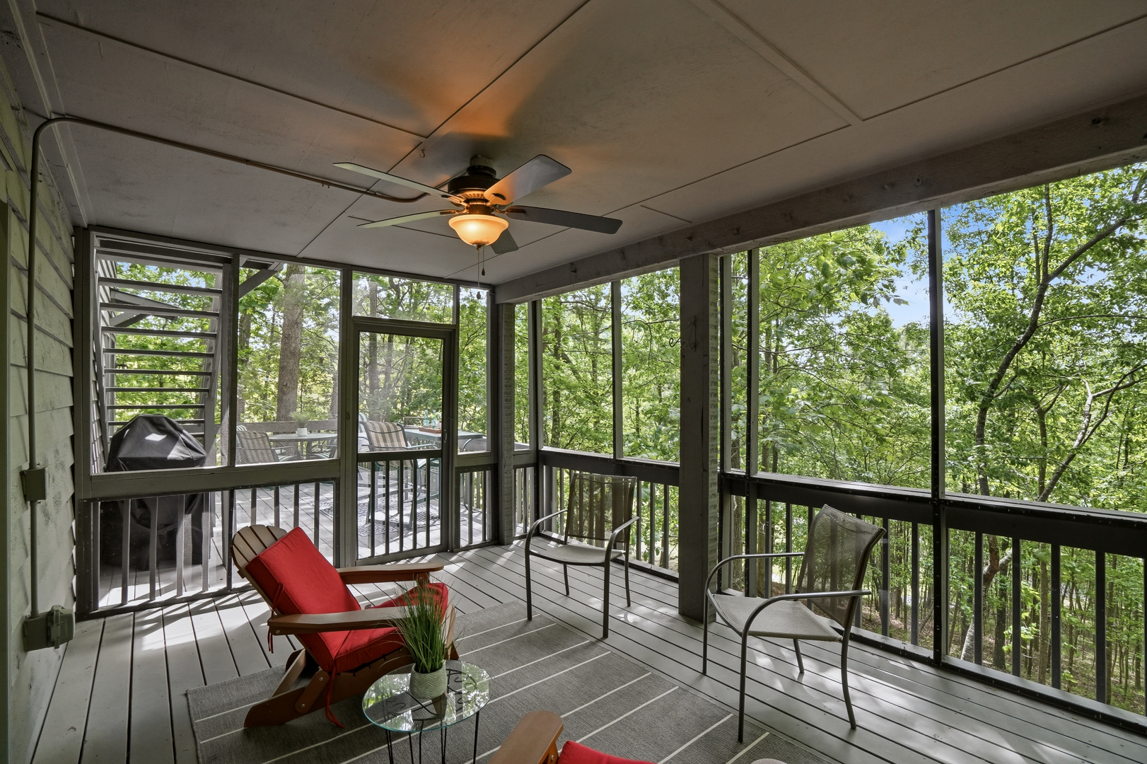 Screened porch with forest views